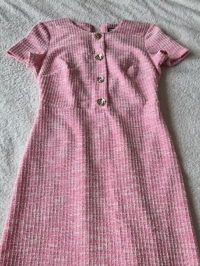 Karl Lagerfeld Pink Tweed Short-Sleeve Dress with Gold Buttons